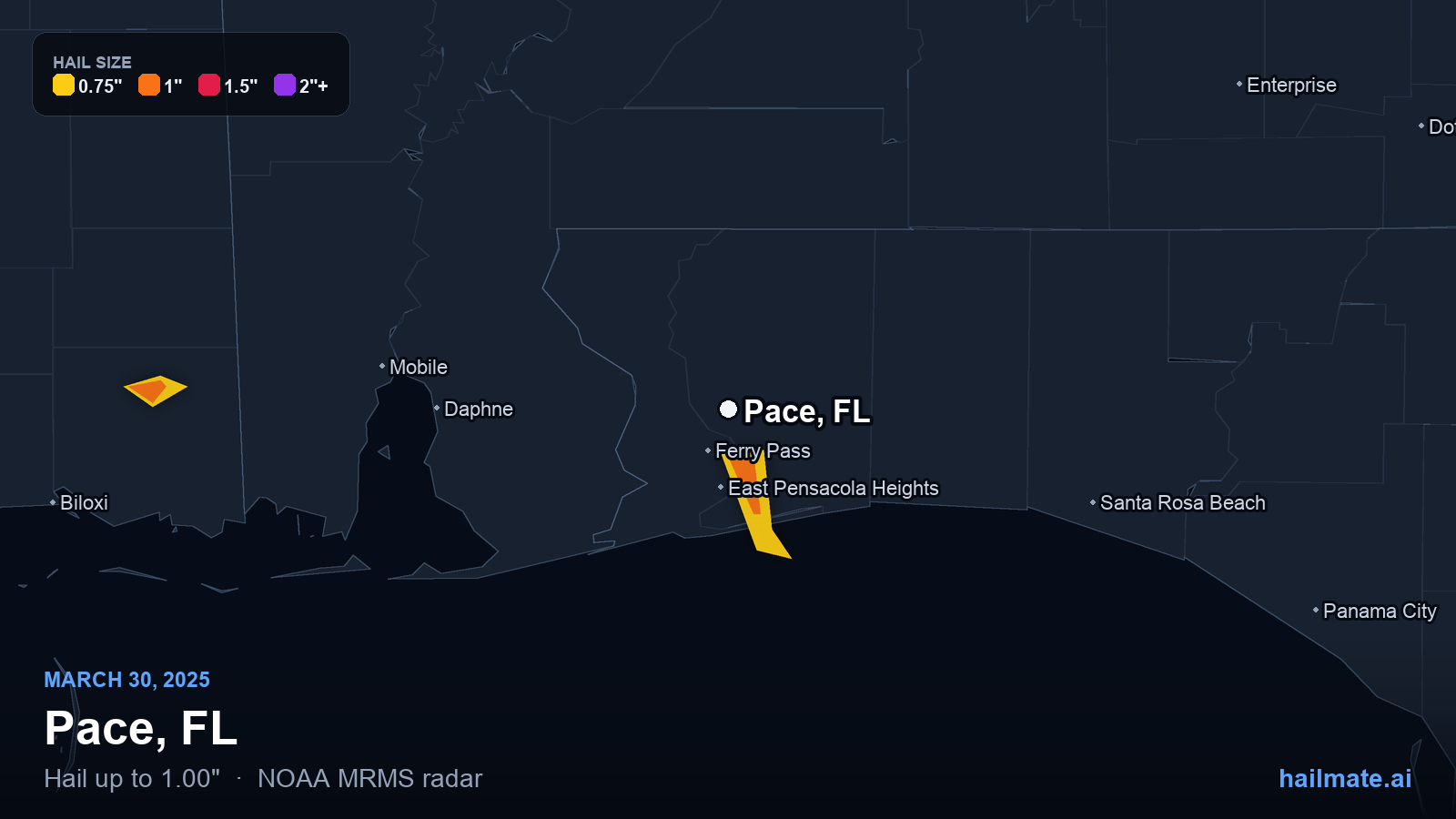 Hail swath map for Pace, FL on March 30, 2025 showing 1.00 inch hail.
