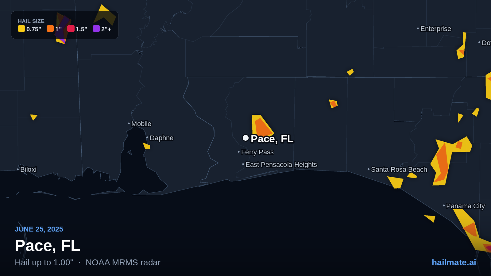 Hail swath map for Pace, FL on June 25, 2025 showing 1.00 inch hail.
