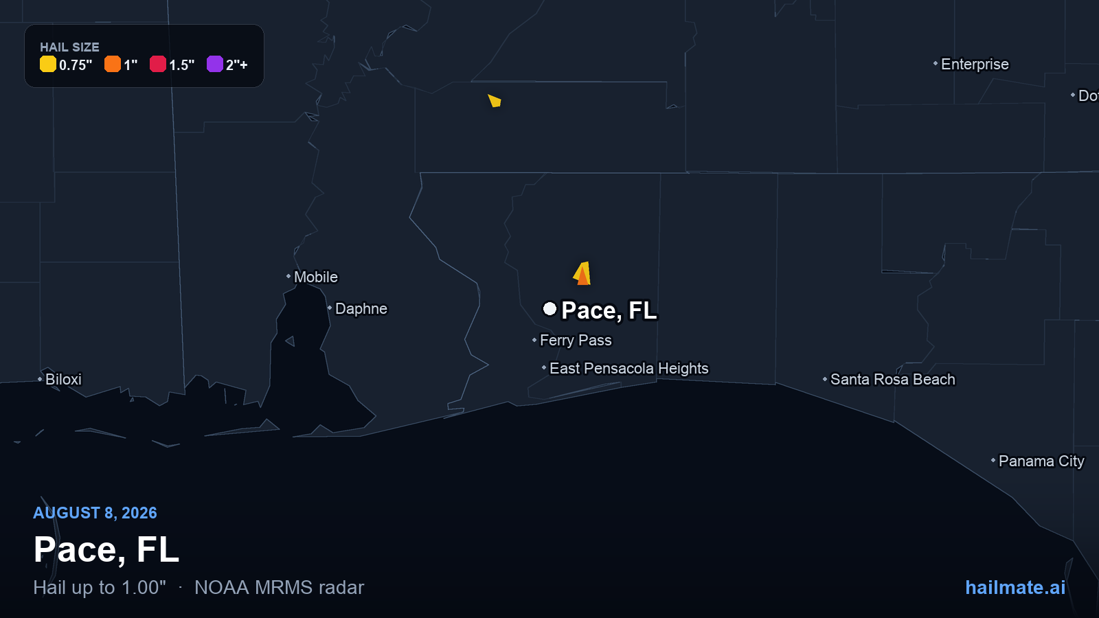 Hail swath map for Pace, FL on August 8, 2026 showing 1.00 inch hail.