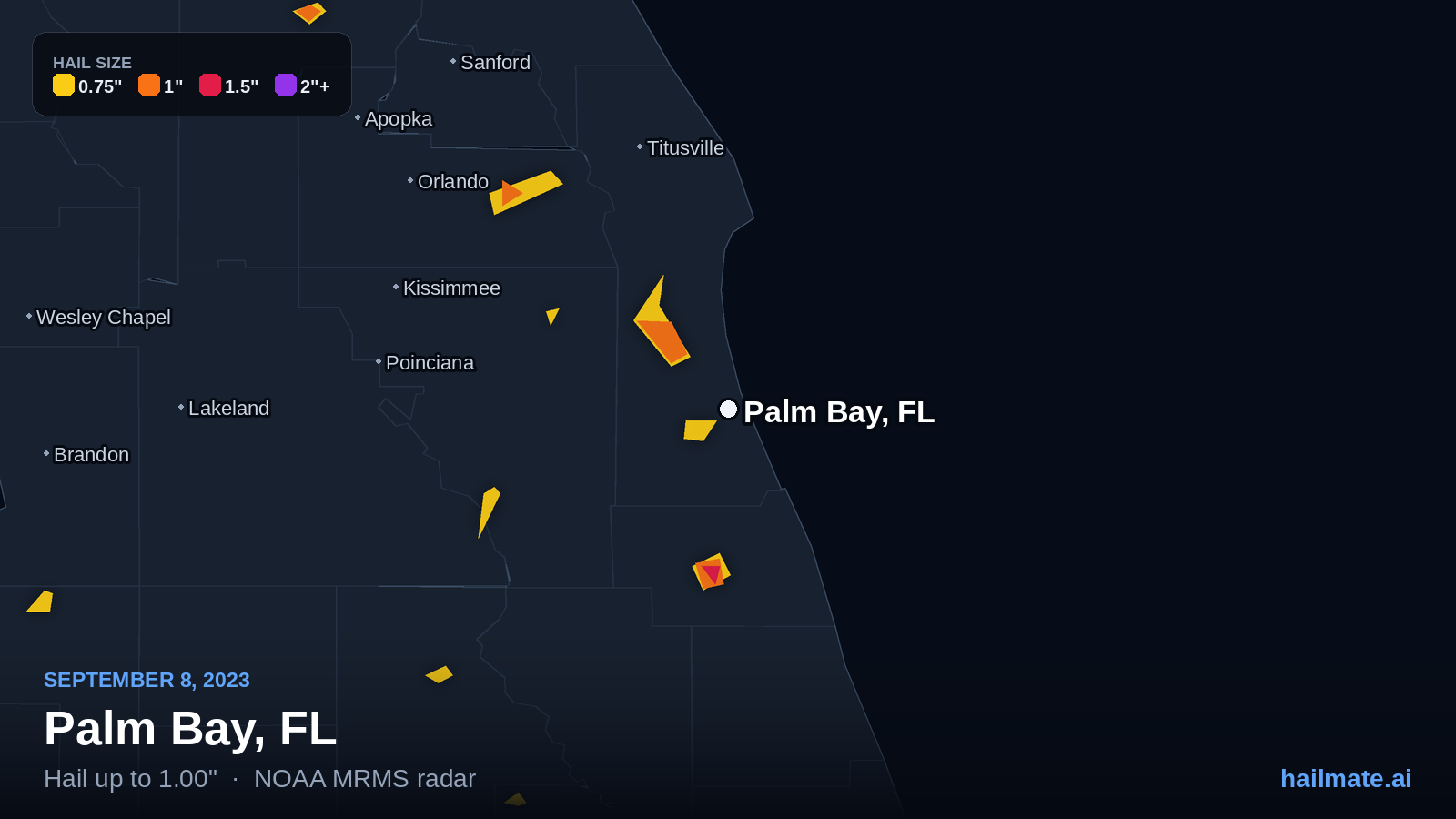Hail swath map for Palm Bay, FL on September 8, 2023 showing 1.00 inch hail.