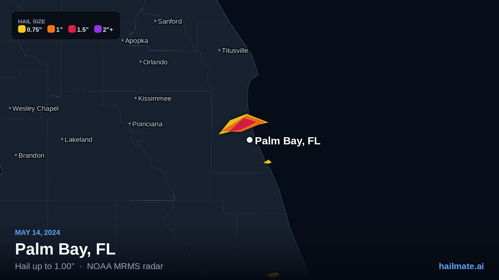 Hail swath map for Palm Bay, FL on May 14, 2024 showing 1.00 inch hail.