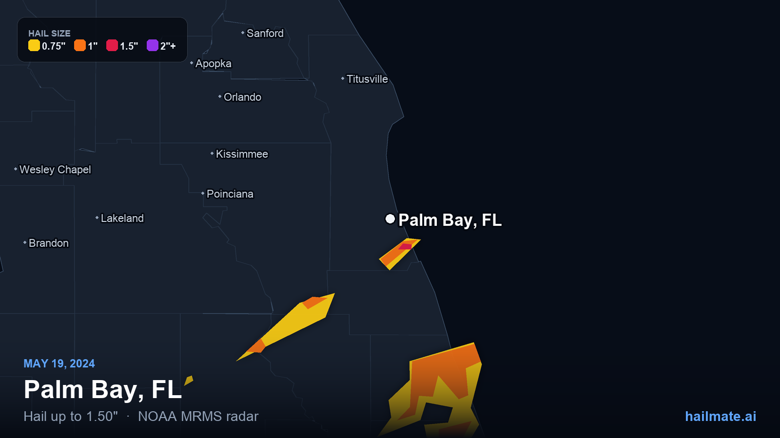 Hail swath map for Palm Bay, FL on May 19, 2024 showing 1.50 inch hail.