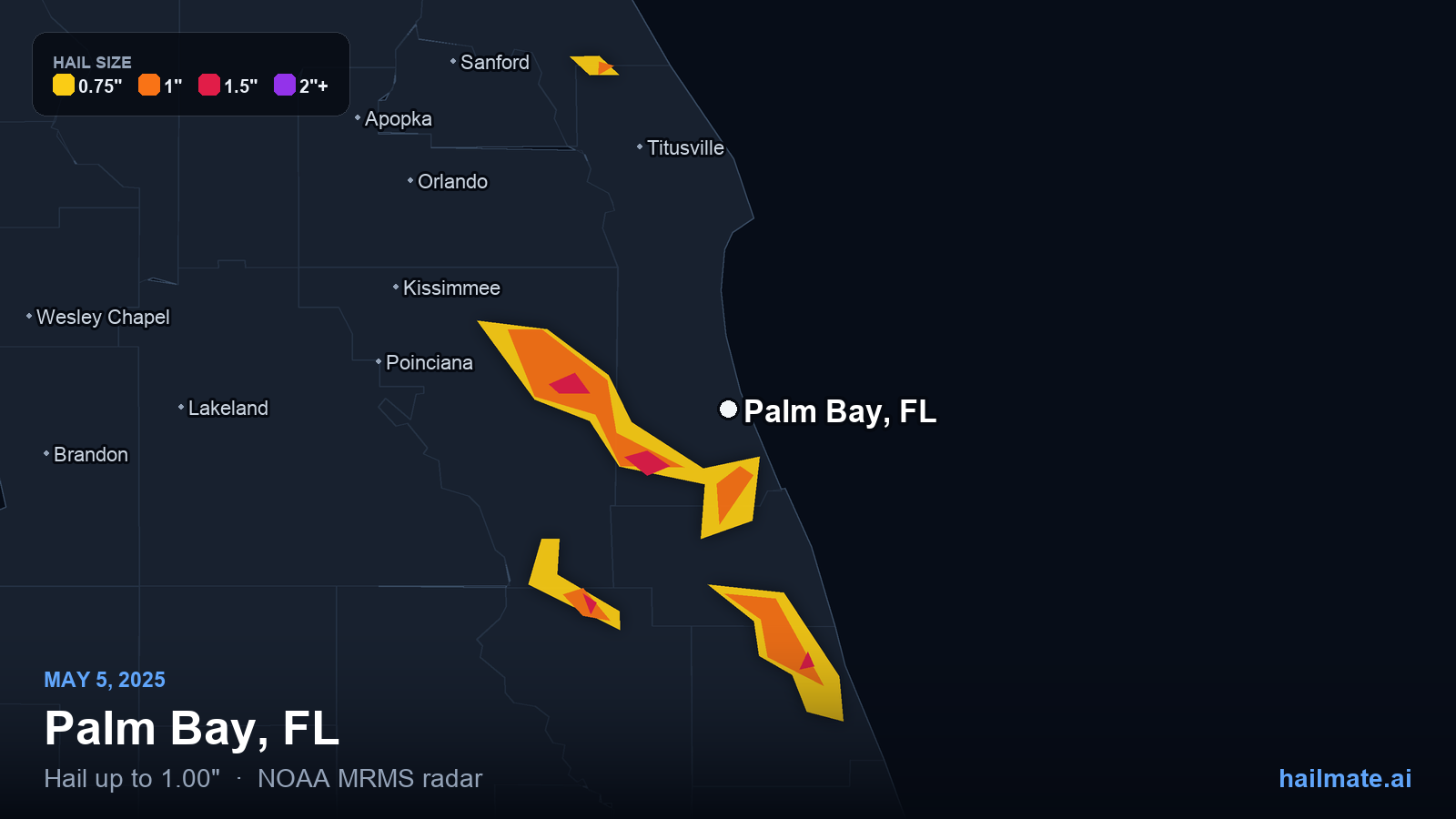 Hail swath map for Palm Bay, FL on May 5, 2025 showing 1.00 inch hail.