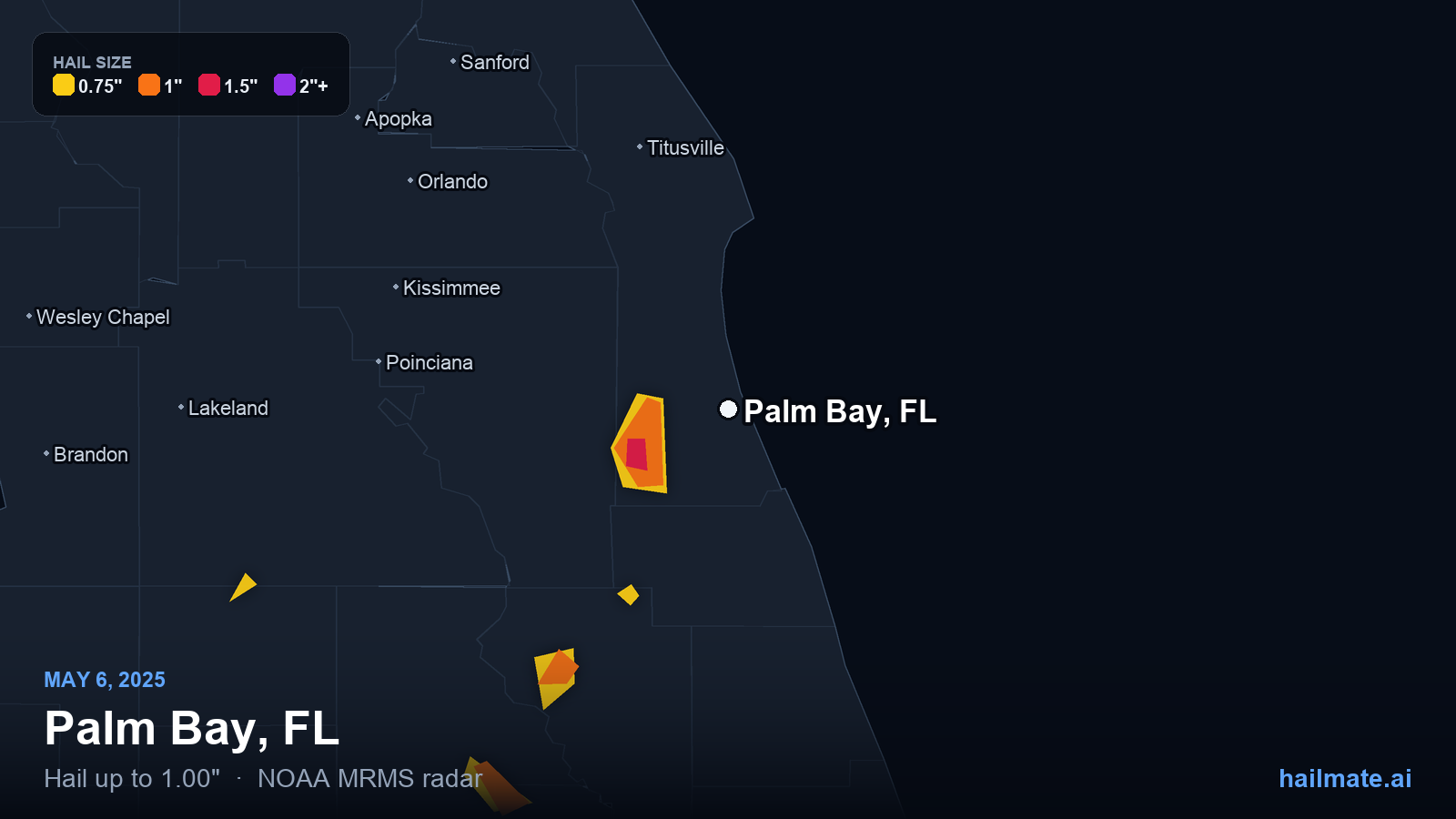 Hail swath map for Palm Bay, FL on May 6, 2025 showing 1.00 inch hail.