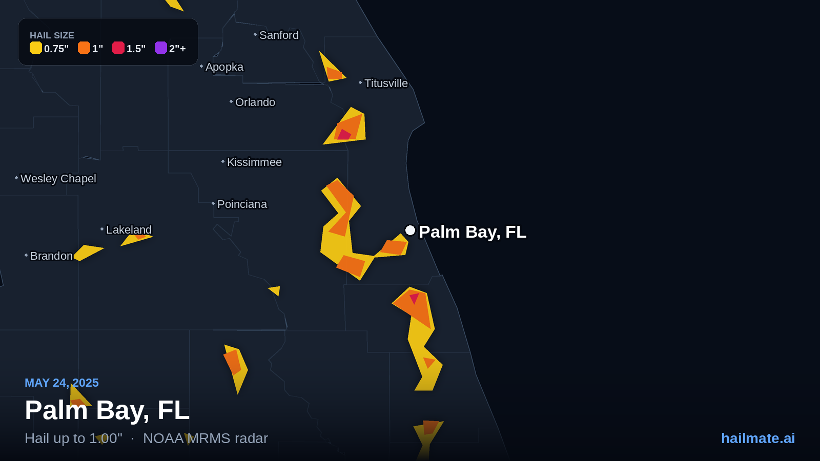 Hail swath map for Palm Bay, FL on May 24, 2025 showing 1.00 inch hail.