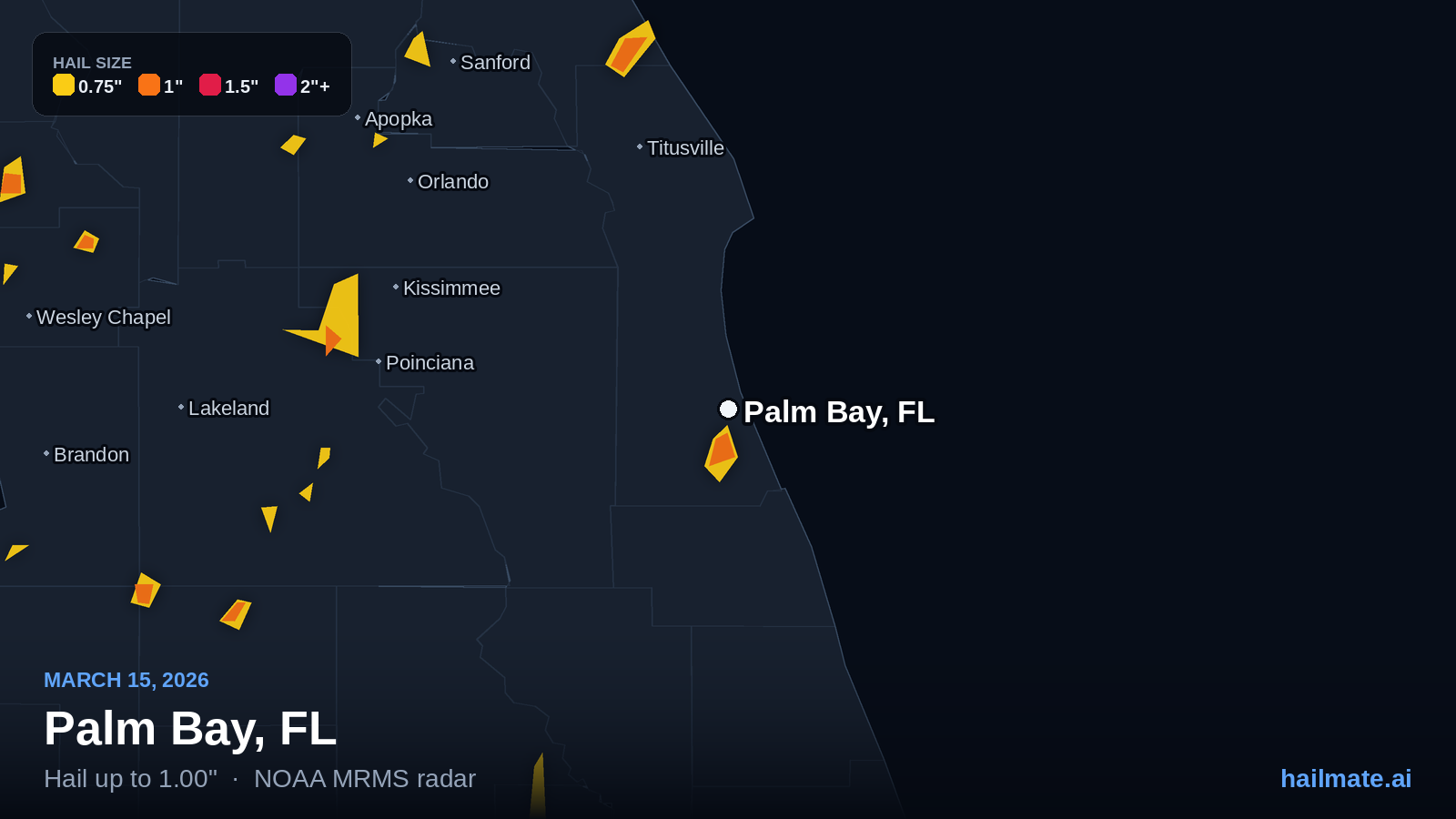 Hail swath map for Palm Bay, FL on March 15, 2026 showing 1.00 inch hail.