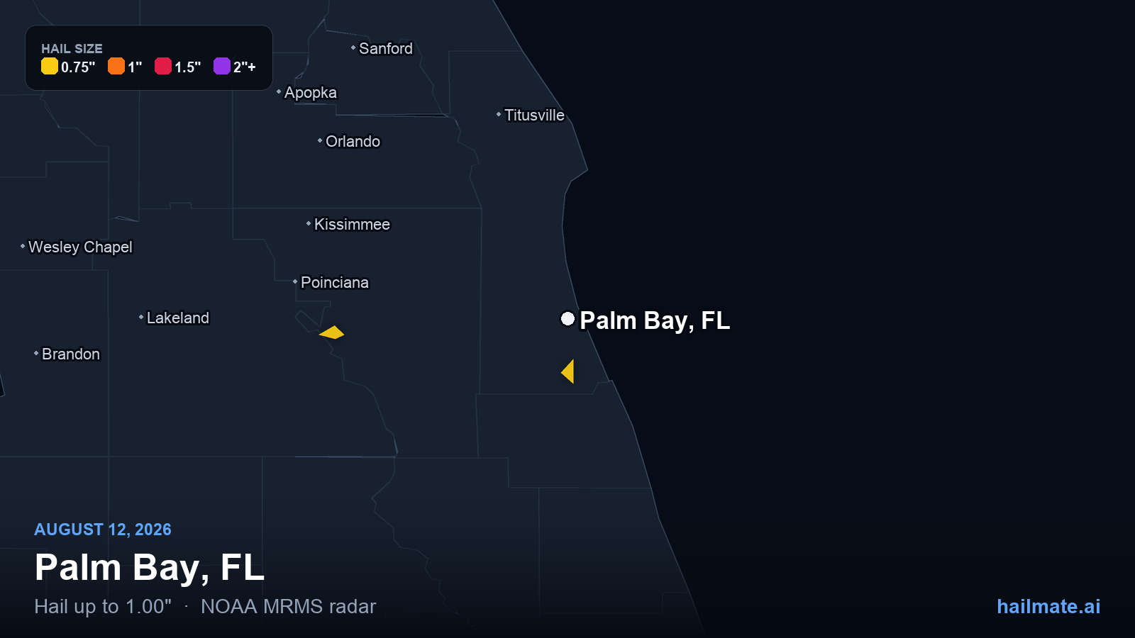 Hail swath map for Palm Bay, FL on August 12, 2026 showing 1.00 inch hail.