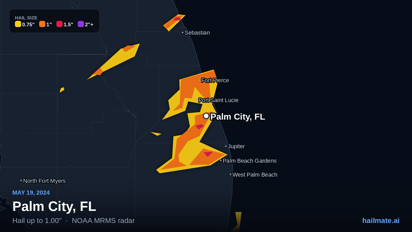 Hail swath map for Palm City, FL on May 19, 2024 showing 1.00 inch hail.