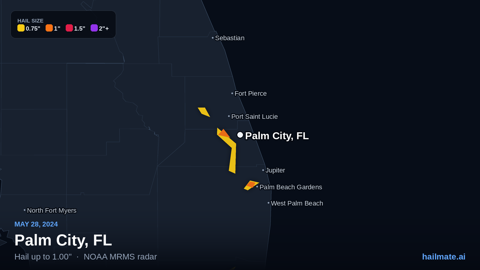 Hail swath map for Palm City, FL on May 28, 2024 showing 1.00 inch hail.