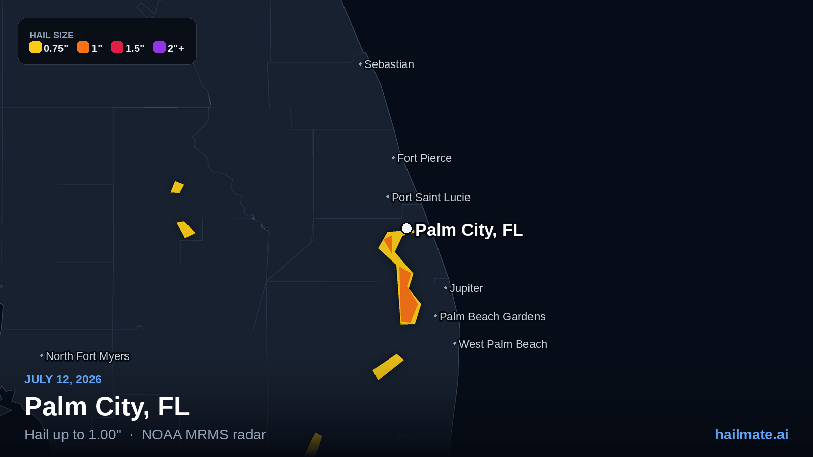 Hail swath map for Palm City, FL on July 12, 2026 showing 1.00 inch hail.