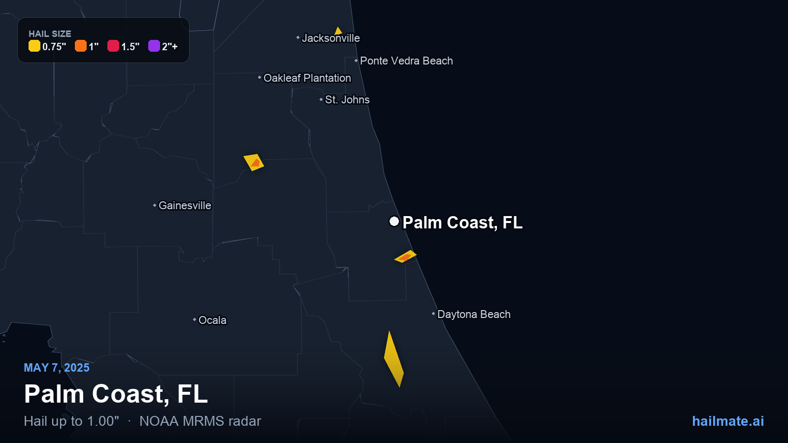 Hail swath map for Palm Coast, FL on May 7, 2025 showing 1.00 inch hail.