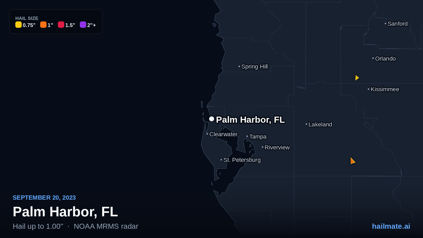 Hail swath map for Palm Harbor, FL on September 20, 2023 showing 1.00 inch hail.