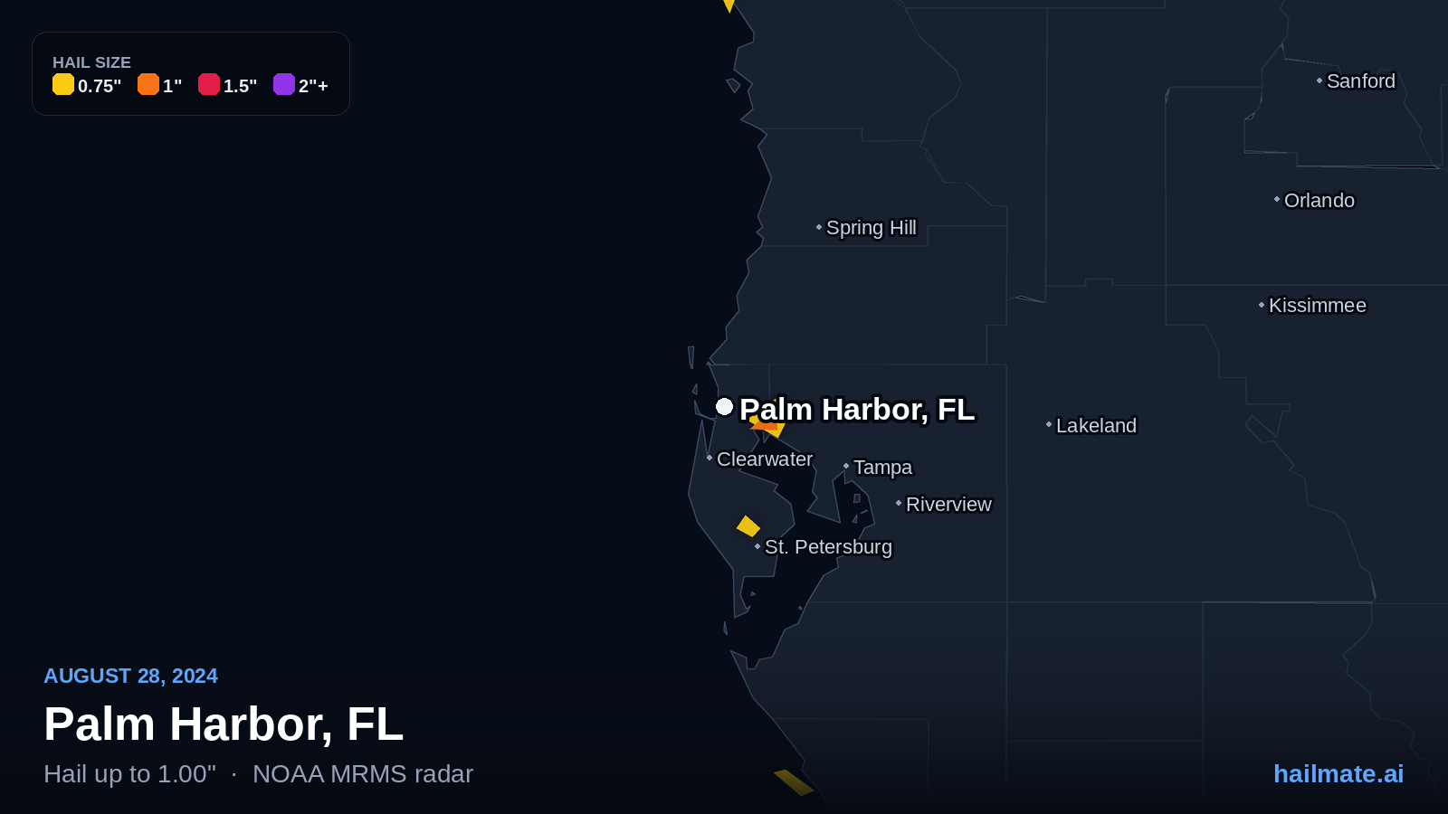 Hail swath map for Palm Harbor, FL on August 28, 2024 showing 1.00 inch hail.