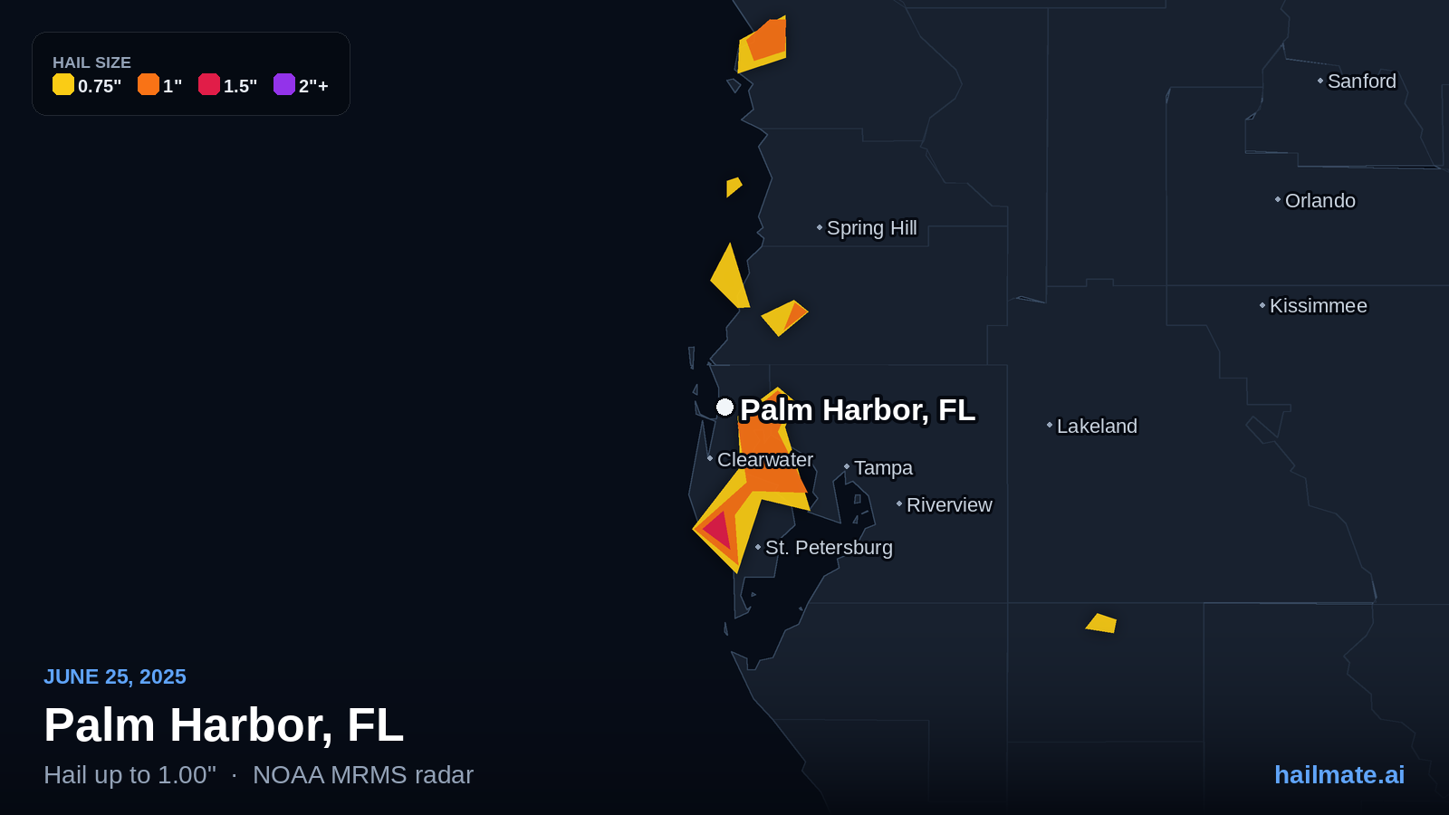 Hail swath map for Palm Harbor, FL on June 25, 2025 showing 1.00 inch hail.