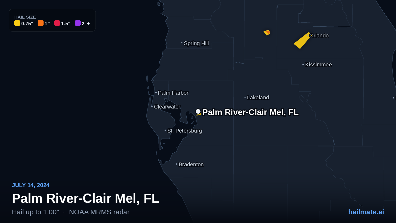 Hail swath map for Palm River-Clair Mel, FL on July 14, 2024 showing 1.00 inch hail.