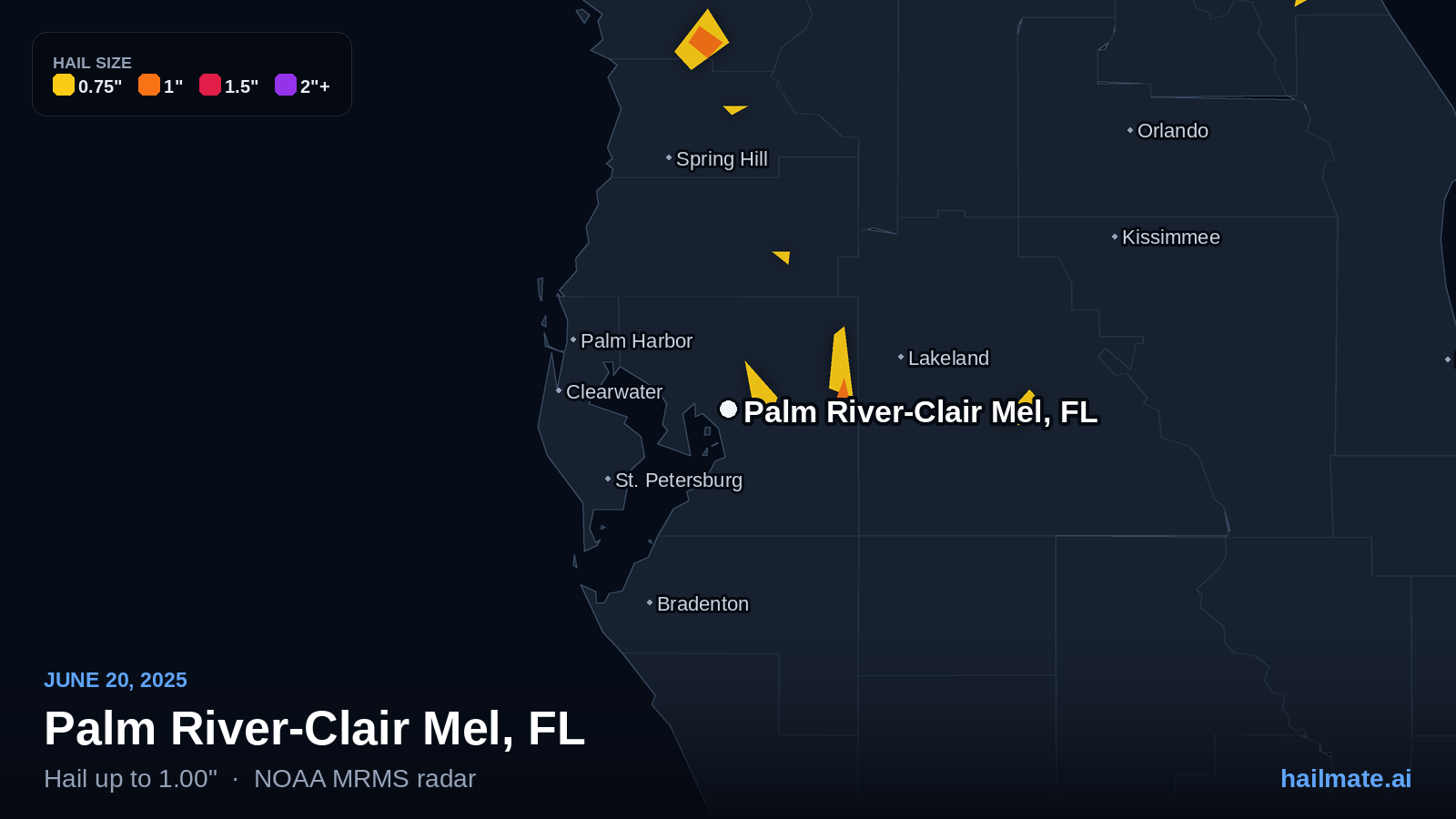 Hail swath map for Palm River-Clair Mel, FL on June 20, 2025 showing 1.00 inch hail.