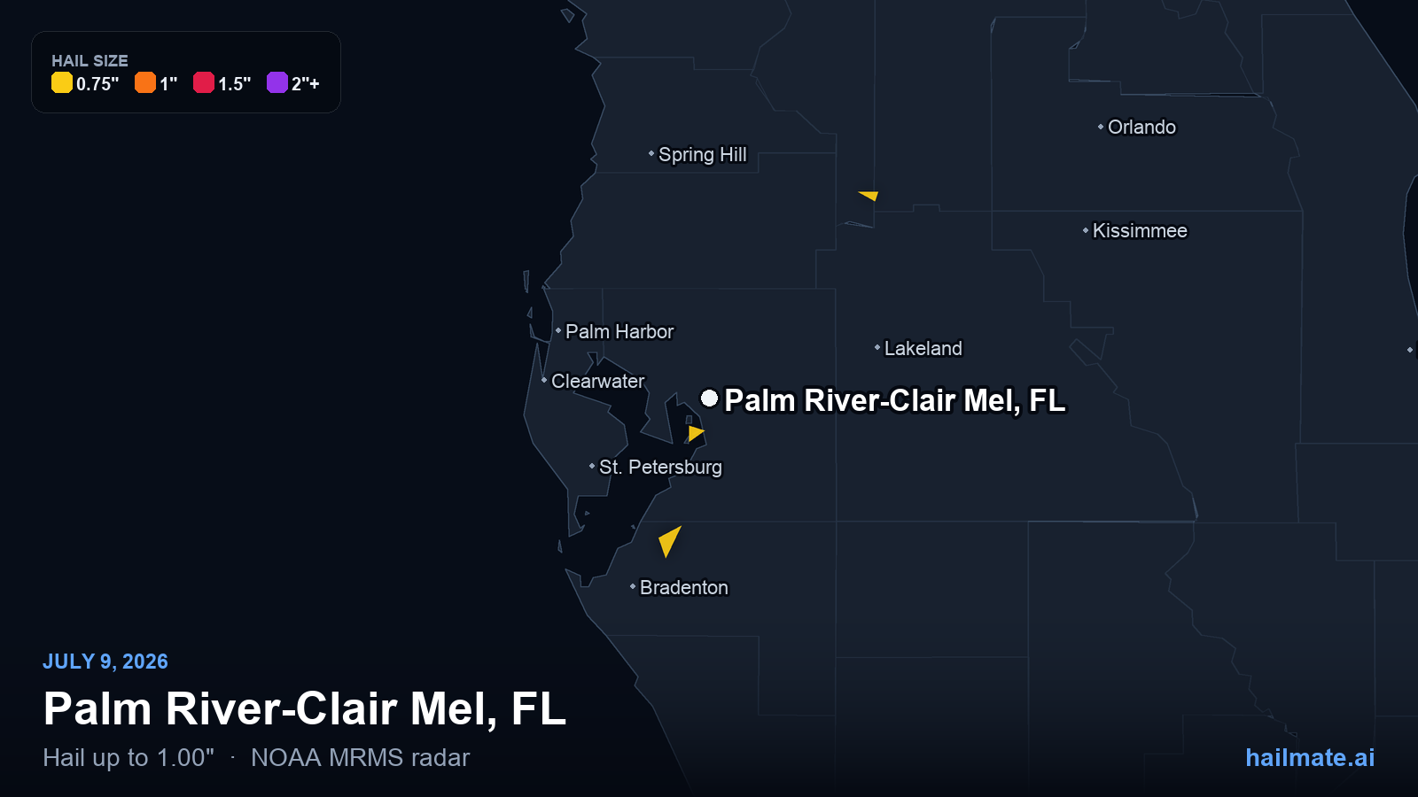 Hail swath map for Palm River-Clair Mel, FL on July 9, 2026 showing 1.00 inch hail.