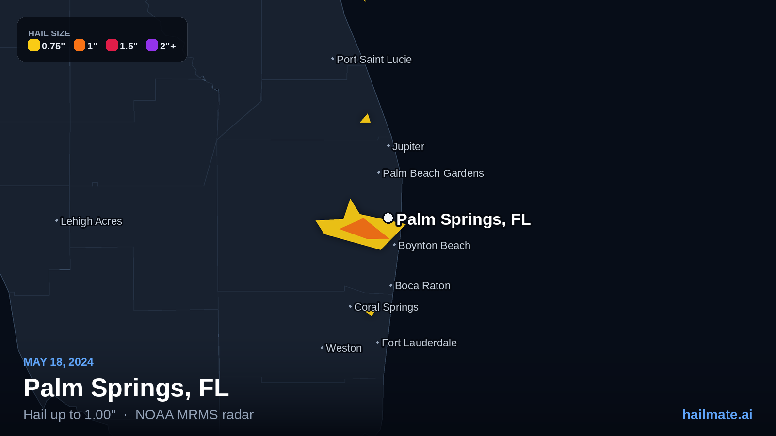 Hail swath map for Palm Springs, FL on May 18, 2024 showing 1.00 inch hail.