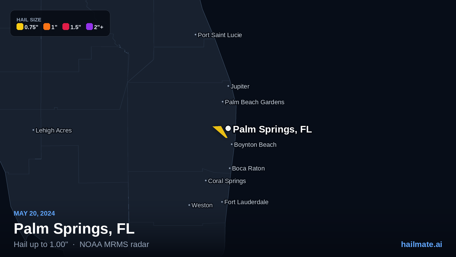 Hail swath map for Palm Springs, FL on May 20, 2024 showing 1.00 inch hail.