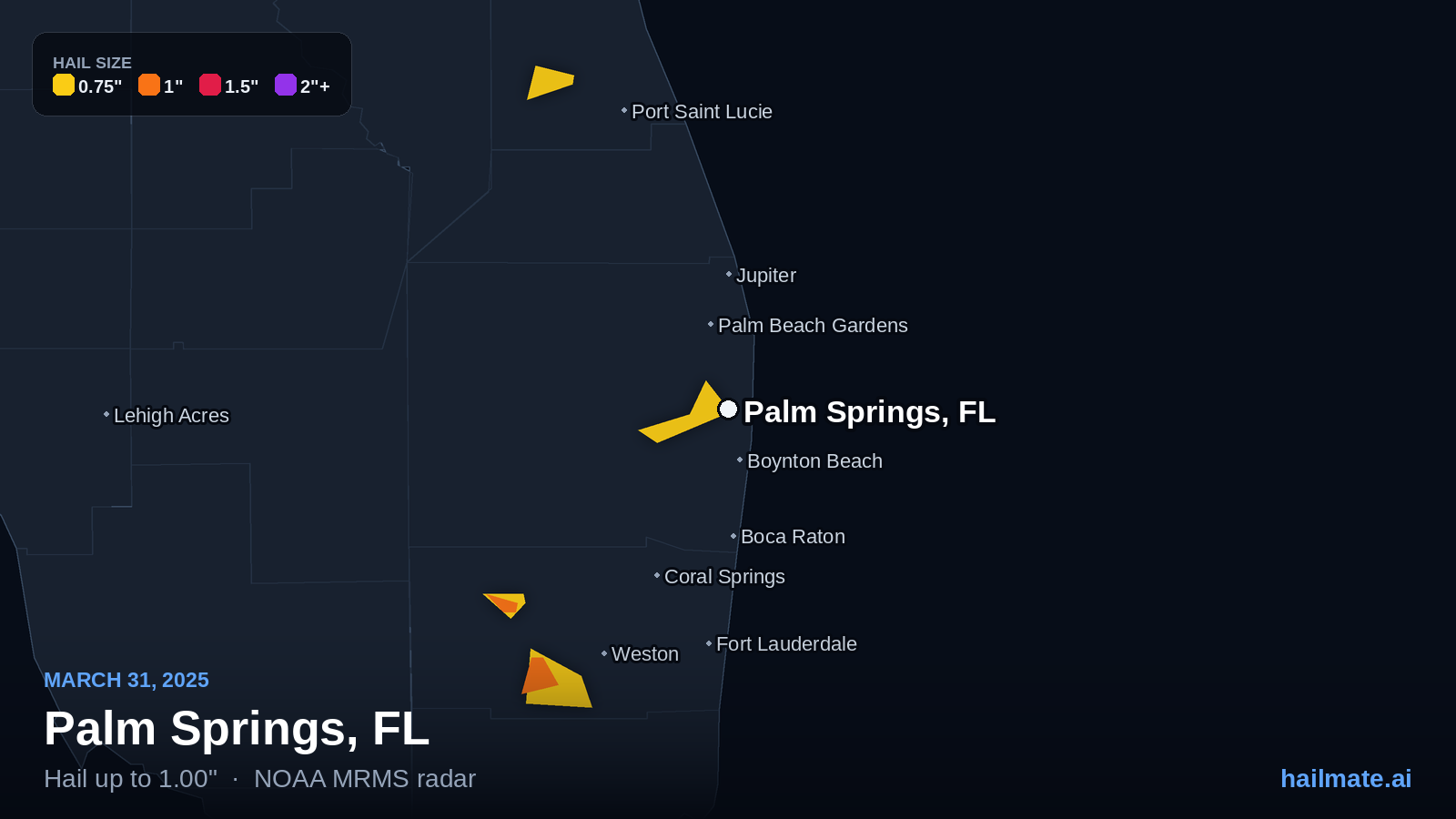 Hail swath map for Palm Springs, FL on March 31, 2025 showing 1.00 inch hail.