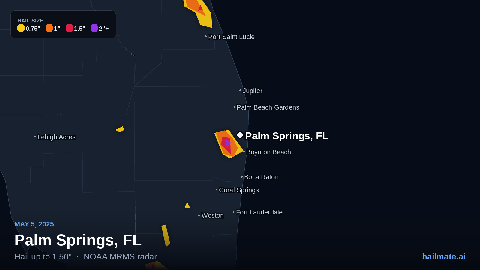 Hail swath map for Palm Springs, FL on May 5, 2025 showing 1.50 inch hail.