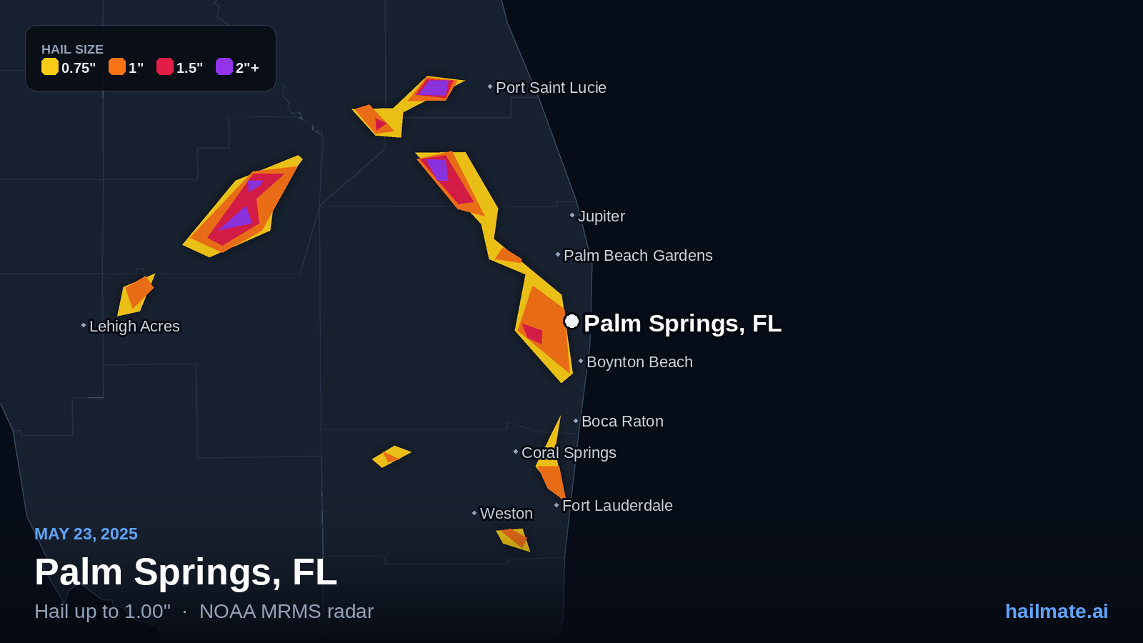 Hail swath map for Palm Springs, FL on May 23, 2025 showing 1.00 inch hail.