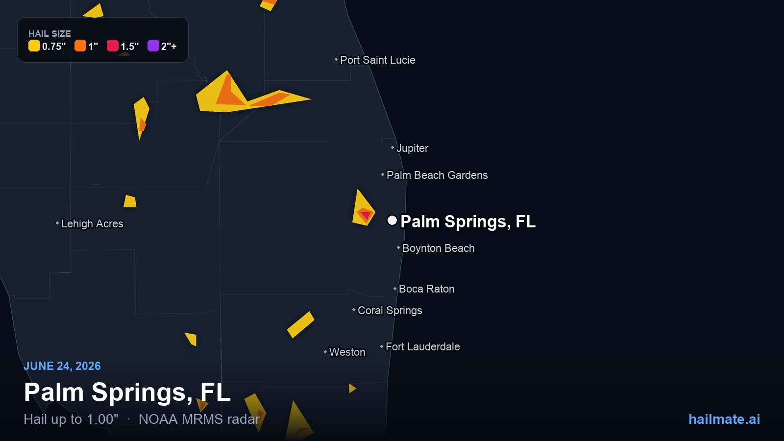 Hail swath map for Palm Springs, FL on June 24, 2026 showing 1.00 inch hail.