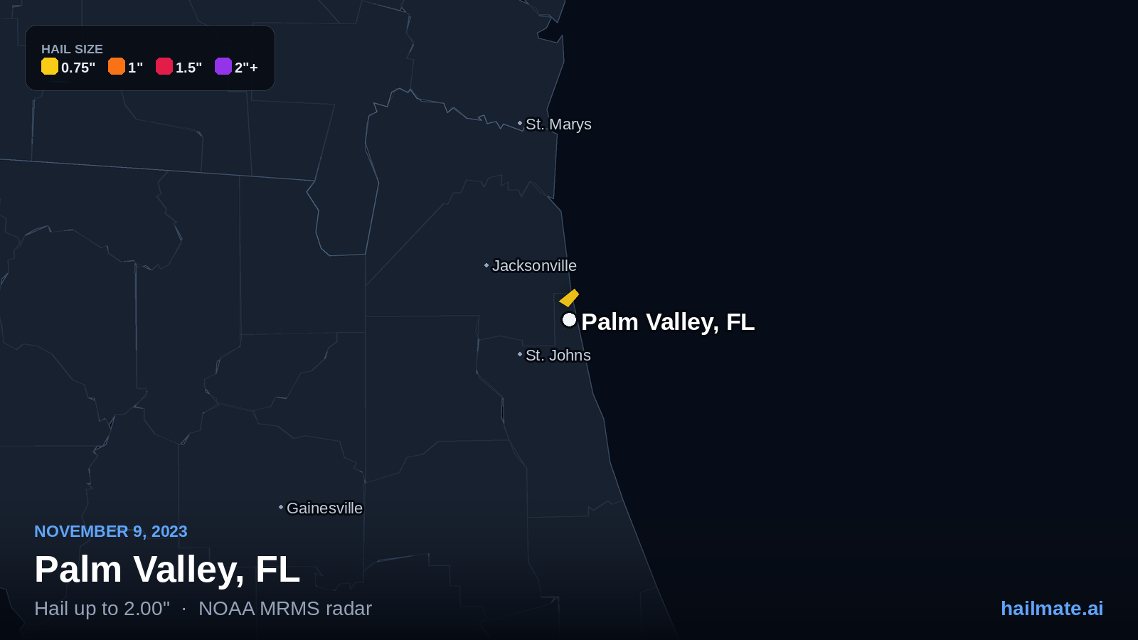 Hail swath map for Palm Valley, FL on November 9, 2023 showing 2.00 inch hail.
