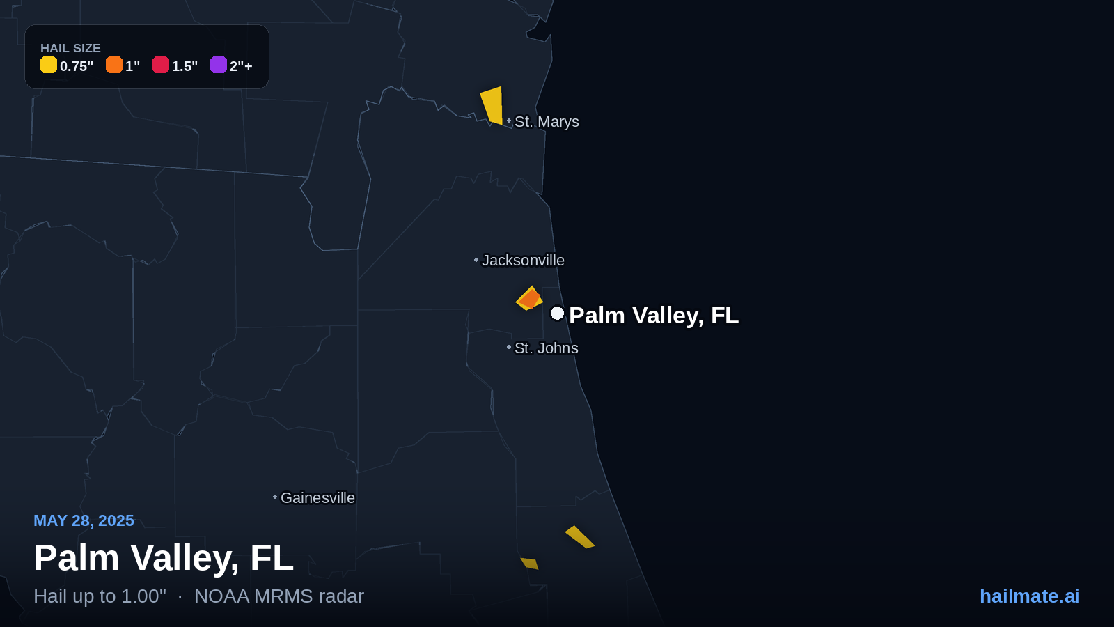 Hail swath map for Palm Valley, FL on May 28, 2025 showing 1.00 inch hail.