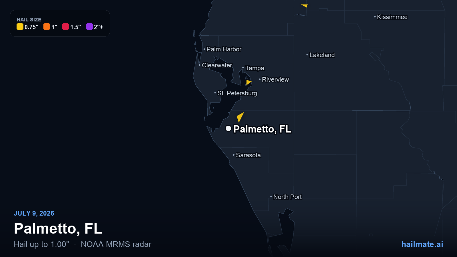 Hail swath map for Palmetto, FL on July 9, 2026 showing 1.00 inch hail.