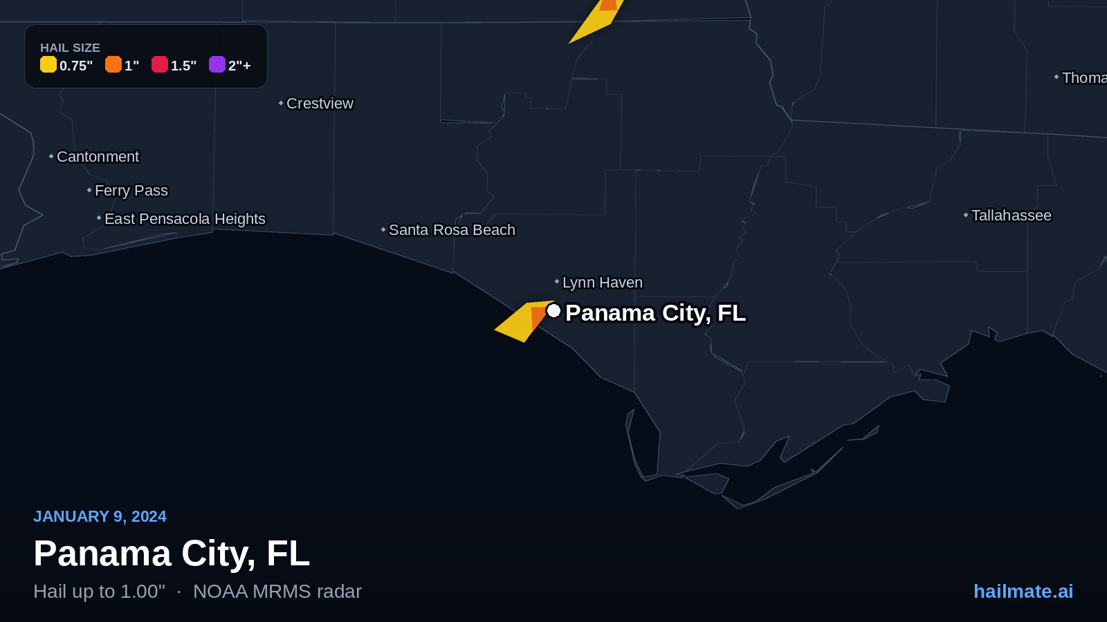 Hail swath map for Panama City, FL on January 9, 2024 showing 1.00 inch hail.