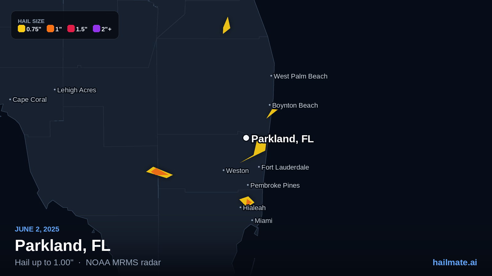 Hail swath map for Parkland, FL on June 2, 2025 showing 1.00 inch hail.