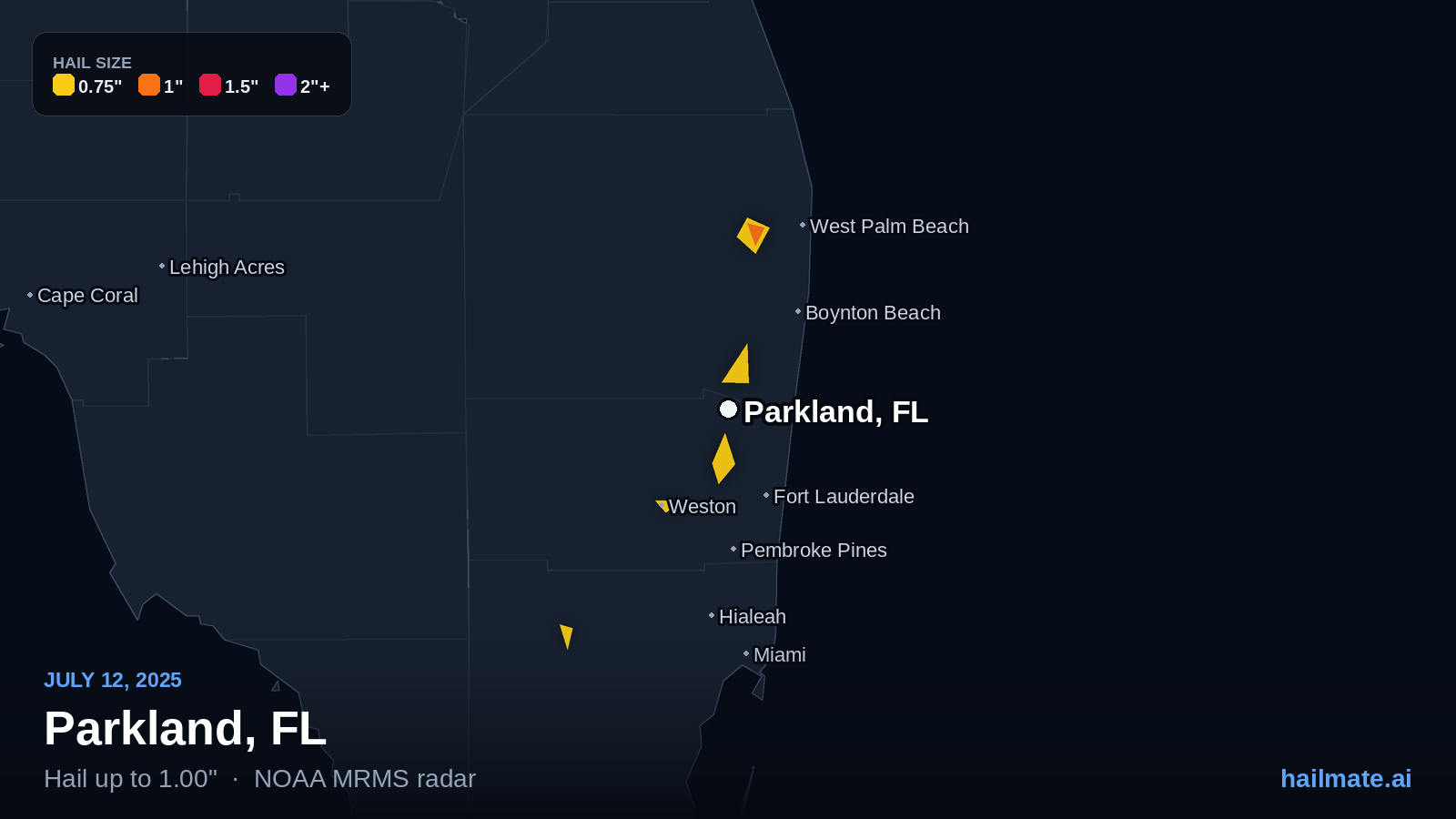 Hail swath map for Parkland, FL on July 12, 2025 showing 1.00 inch hail.