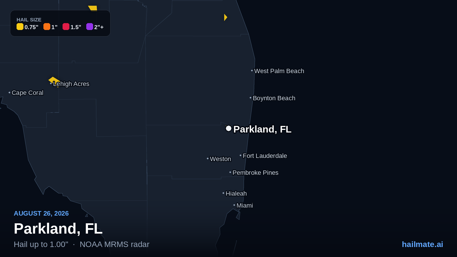 Hail swath map for Parkland, FL on August 26, 2026 showing 1.00 inch hail.