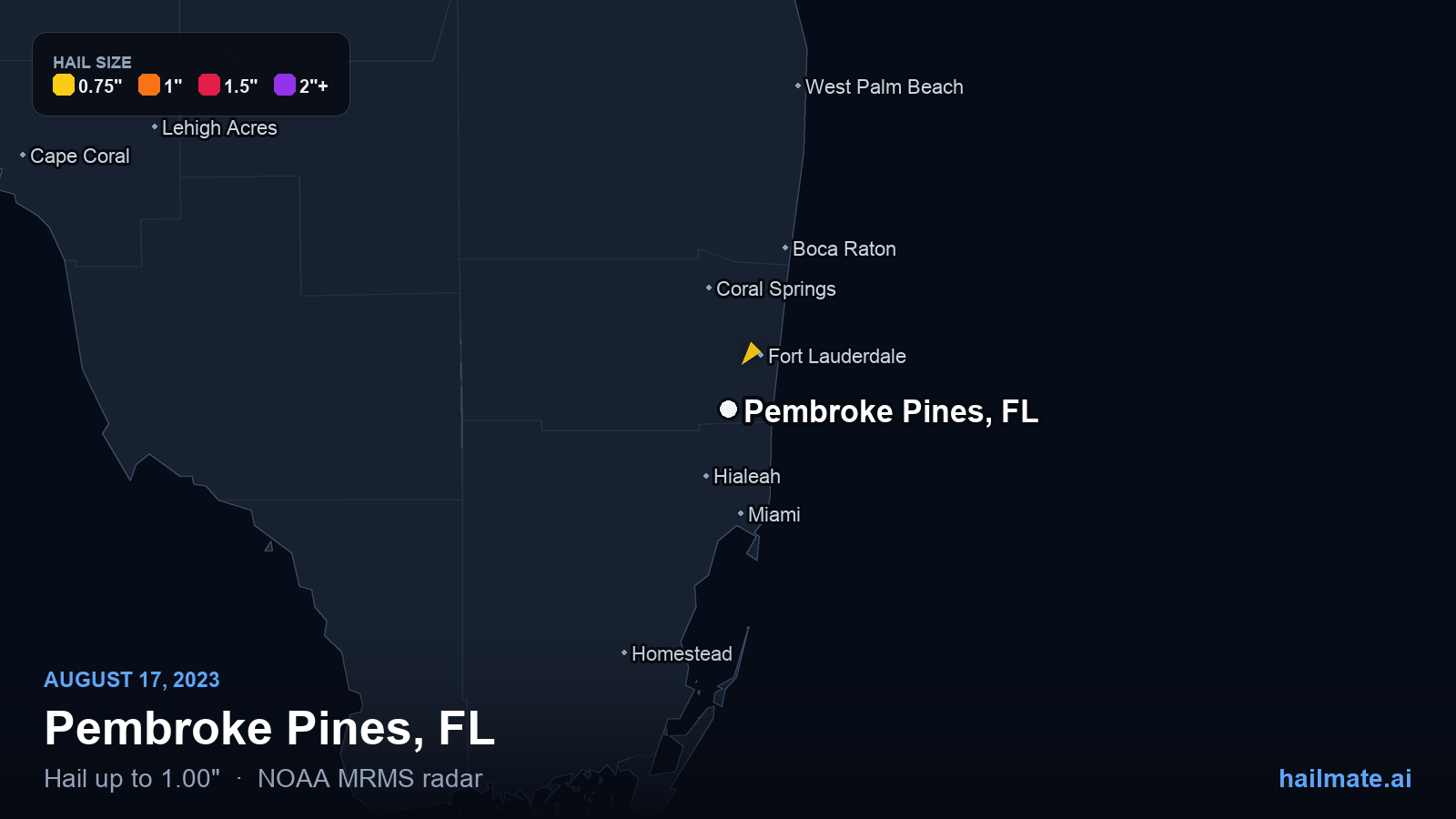 Hail swath map for Pembroke Pines, FL on August 17, 2023 showing 1.00 inch hail.