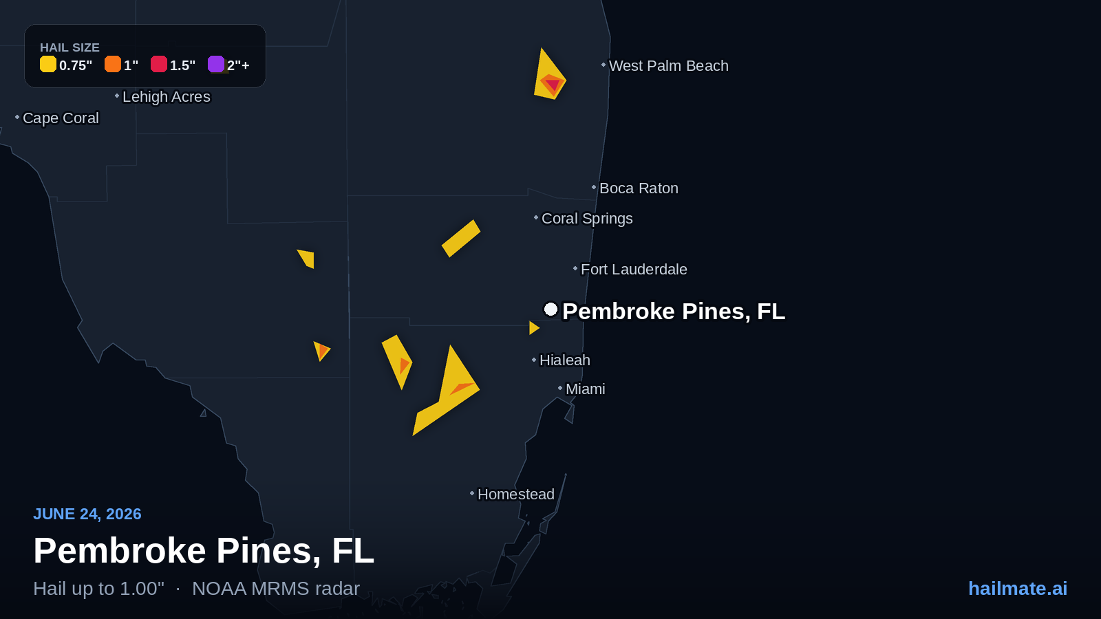 Hail swath map for Pembroke Pines, FL on June 24, 2026 showing 1.00 inch hail.