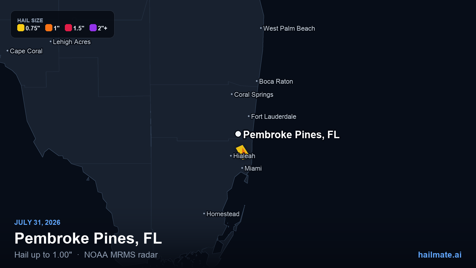 Hail swath map for Pembroke Pines, FL on July 31, 2026 showing 1.00 inch hail.