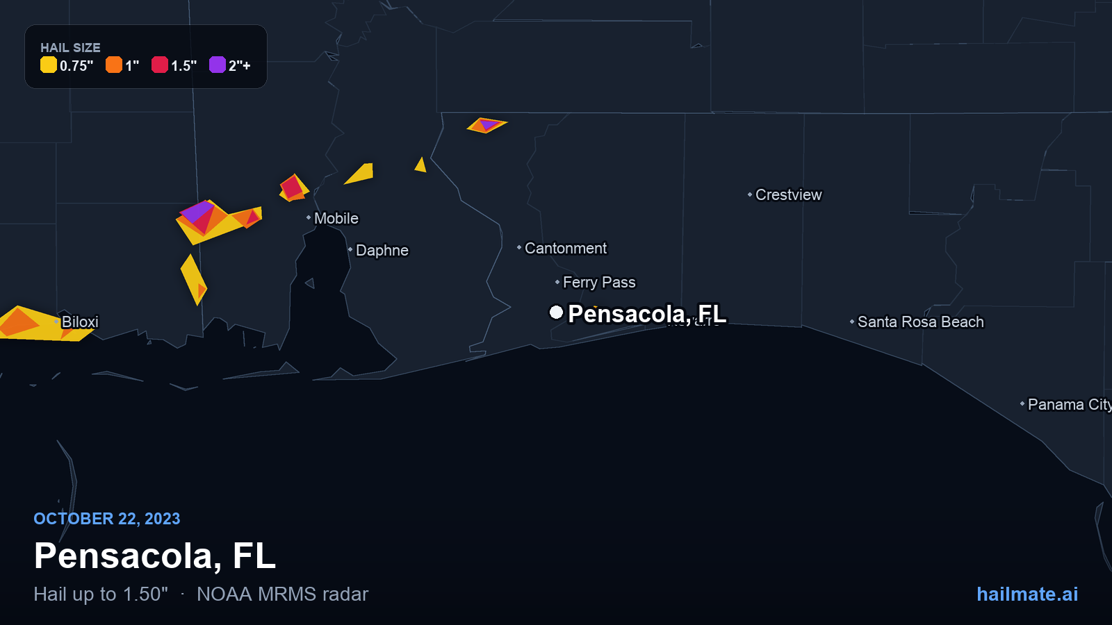 Hail swath map for Pensacola, FL on October 22, 2023 showing 1.50 inch hail.