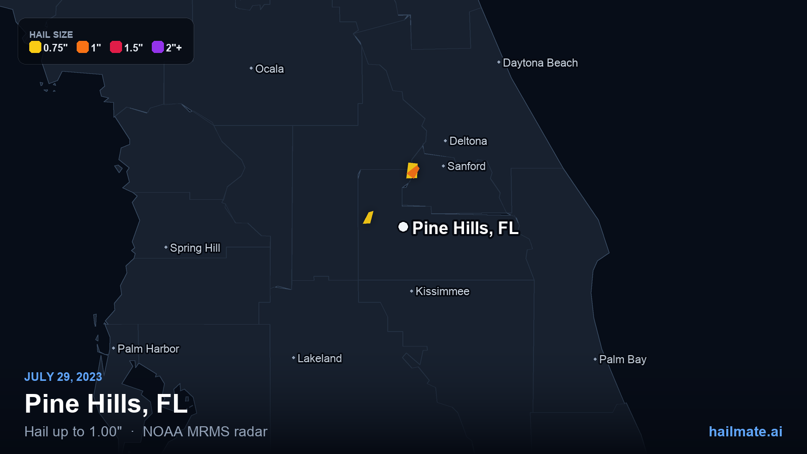 Hail swath map for Pine Hills, FL on July 29, 2023 showing 1.00 inch hail.