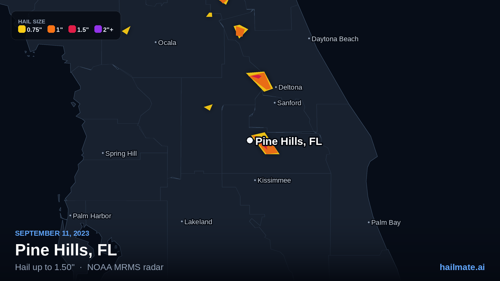 Hail swath map for Pine Hills, FL on September 11, 2023 showing 1.50 inch hail.