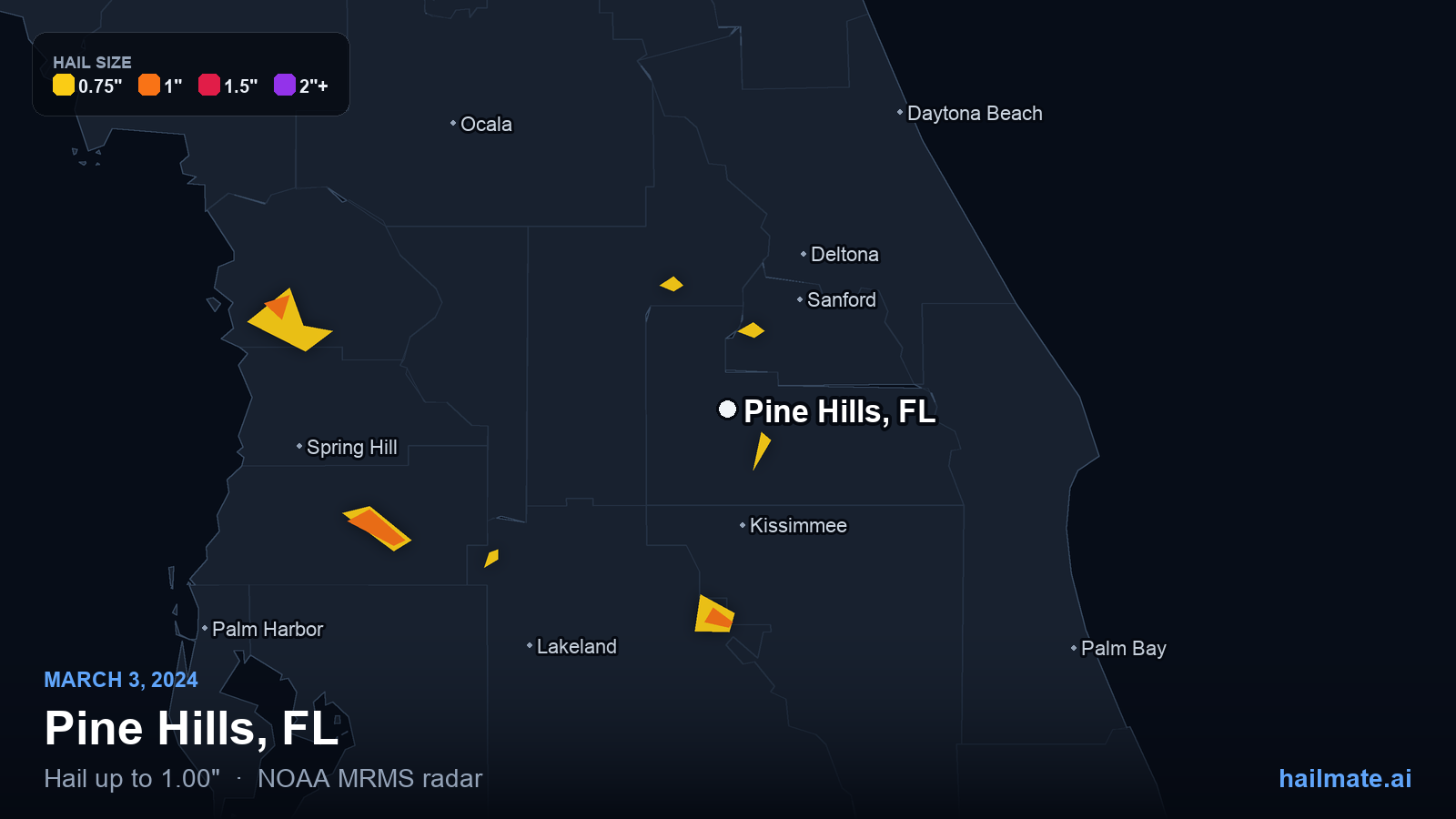Hail swath map for Pine Hills, FL on March 3, 2024 showing 1.00 inch hail.