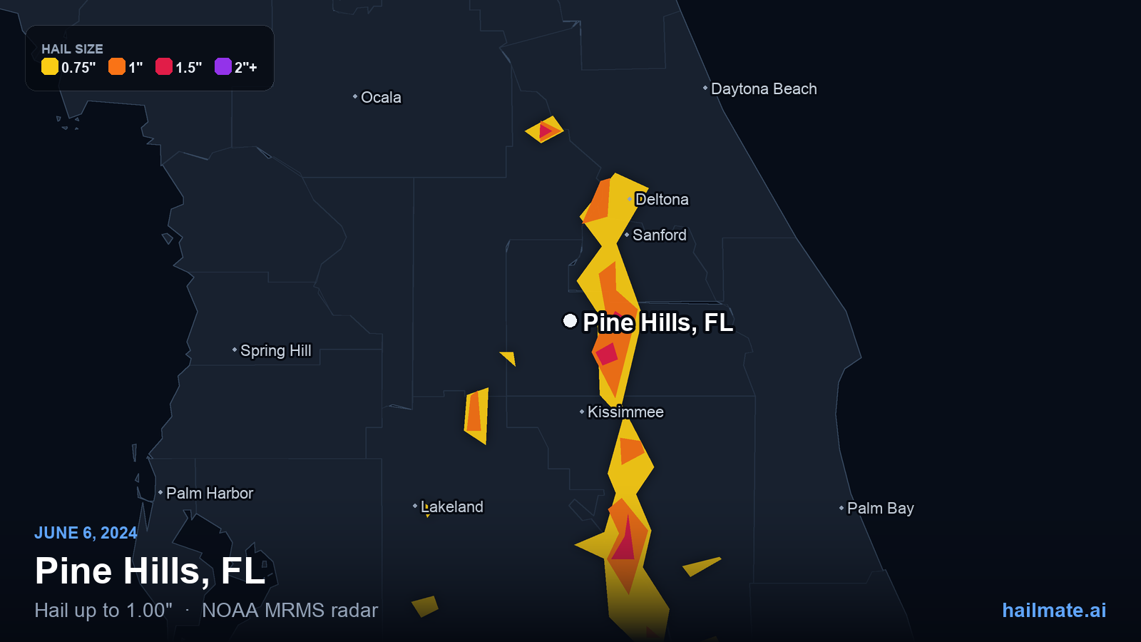 Hail swath map for Pine Hills, FL on June 6, 2024 showing 1.00 inch hail.