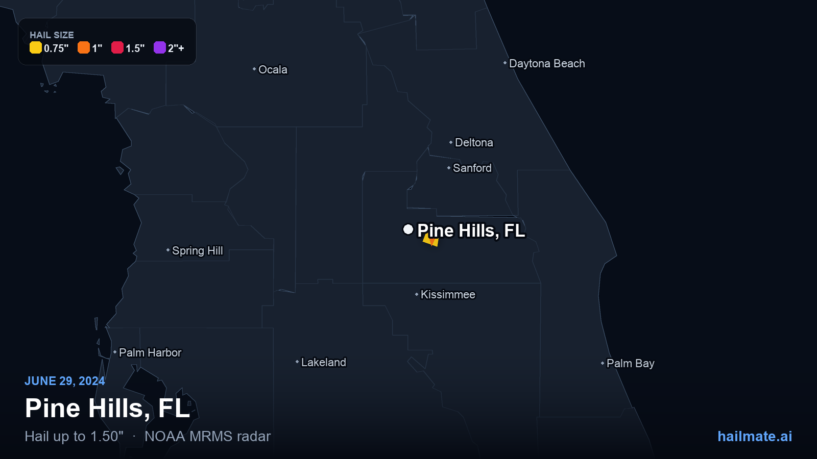 Hail swath map for Pine Hills, FL on June 29, 2024 showing 1.50 inch hail.