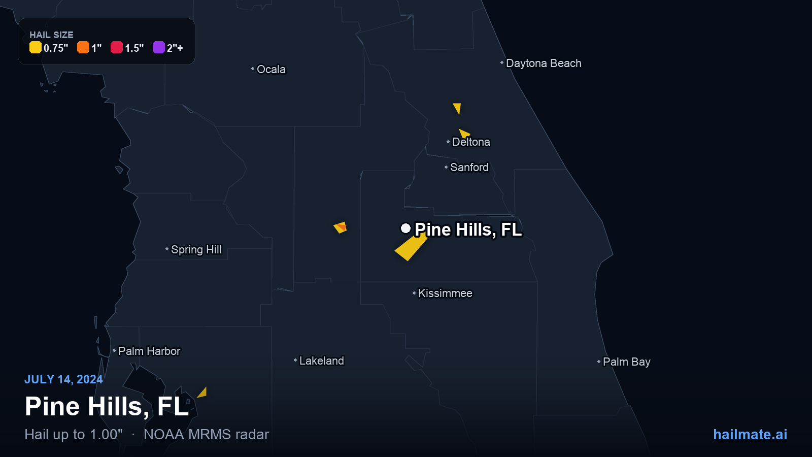 Hail swath map for Pine Hills, FL on July 14, 2024 showing 1.00 inch hail.