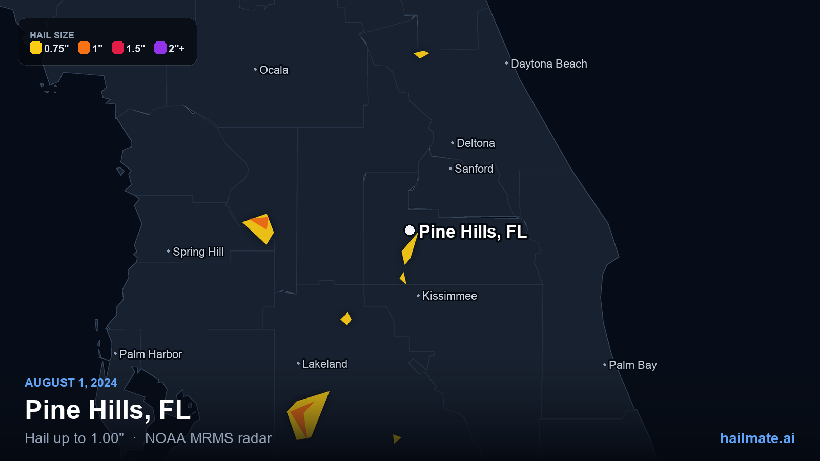 Hail swath map for Pine Hills, FL on August 1, 2024 showing 1.00 inch hail.