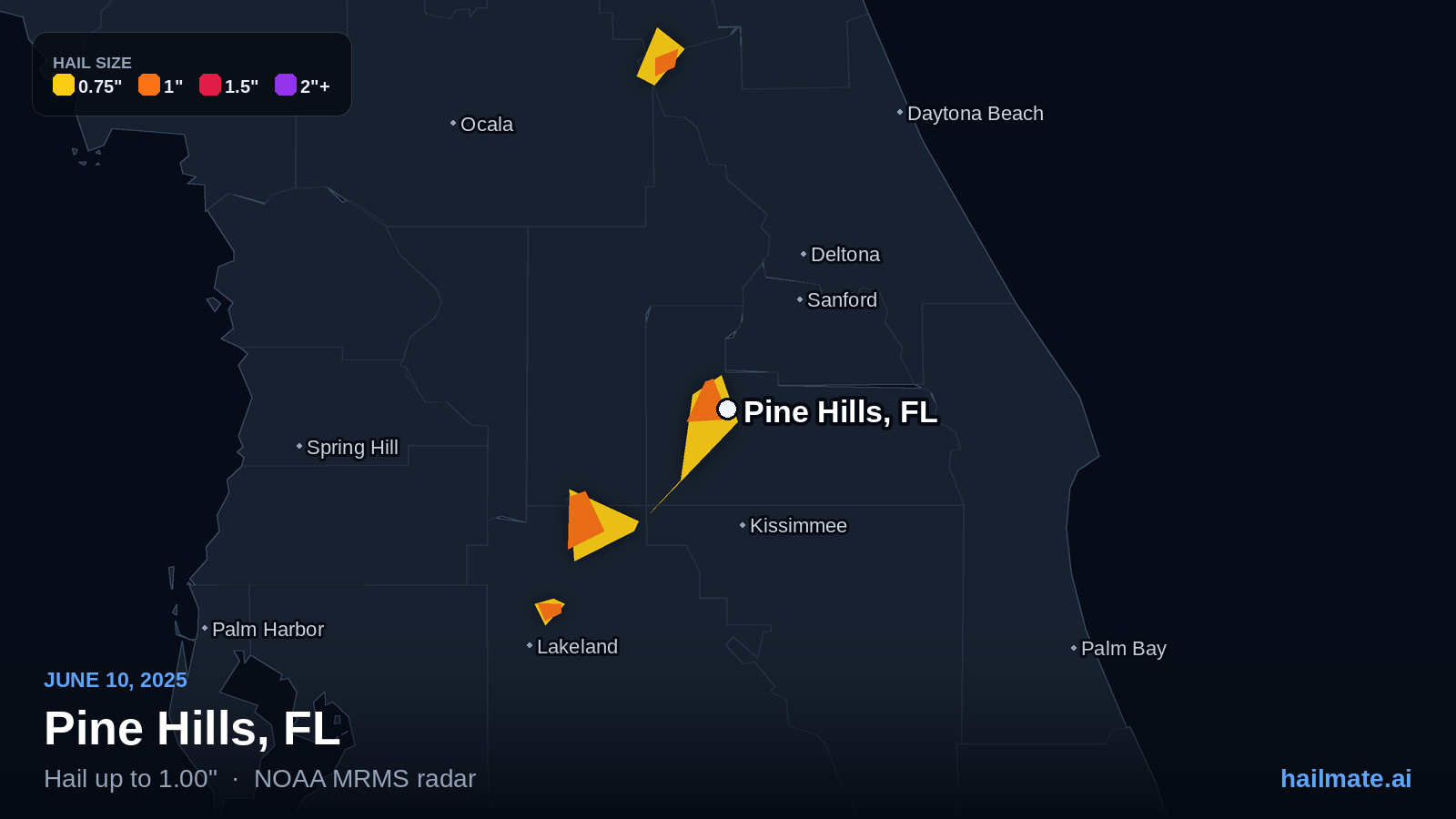 Hail swath map for Pine Hills, FL on June 10, 2025 showing 1.00 inch hail.