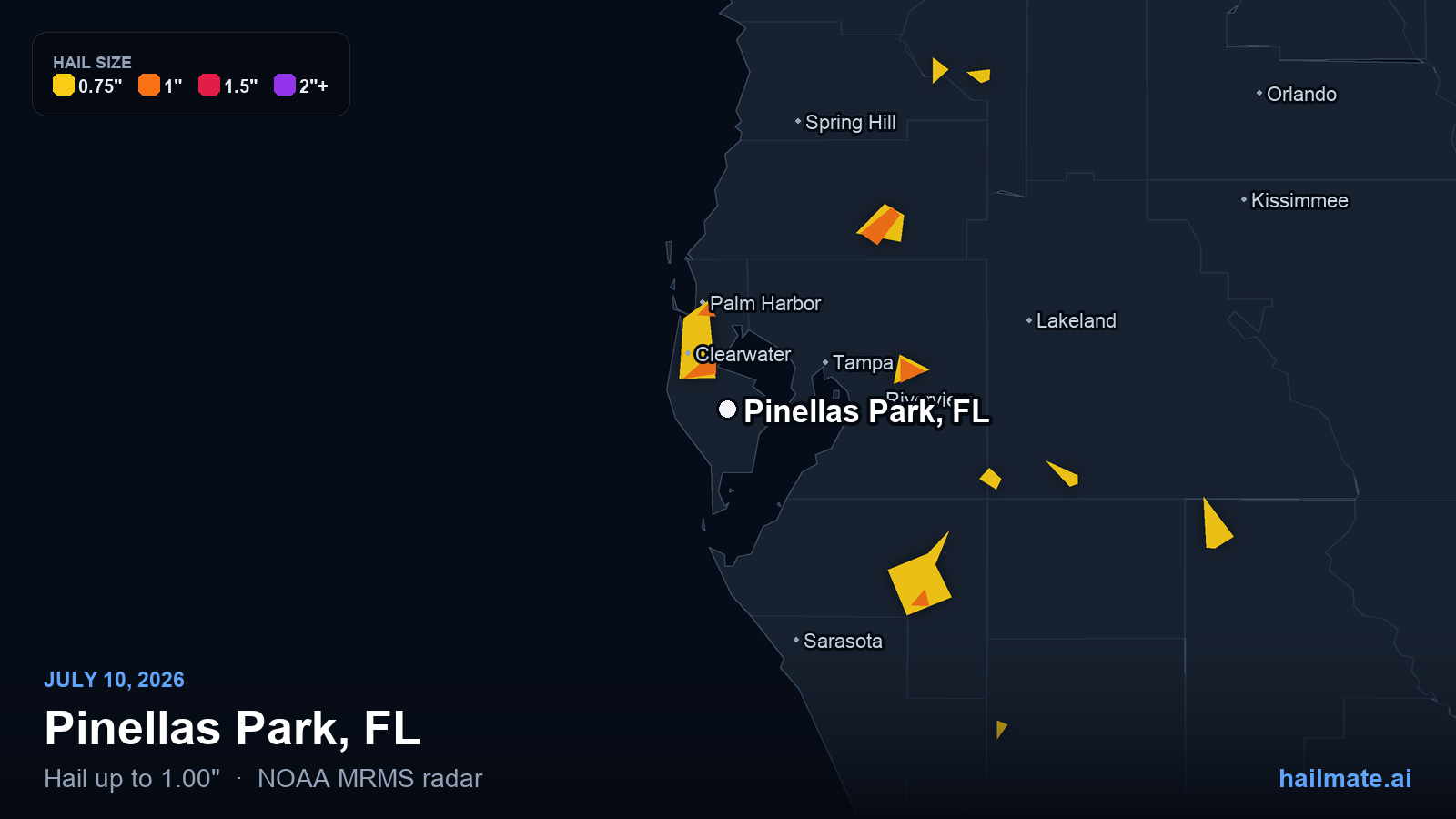 Hail swath map for Pinellas Park, FL on July 10, 2026 showing 1.00 inch hail.