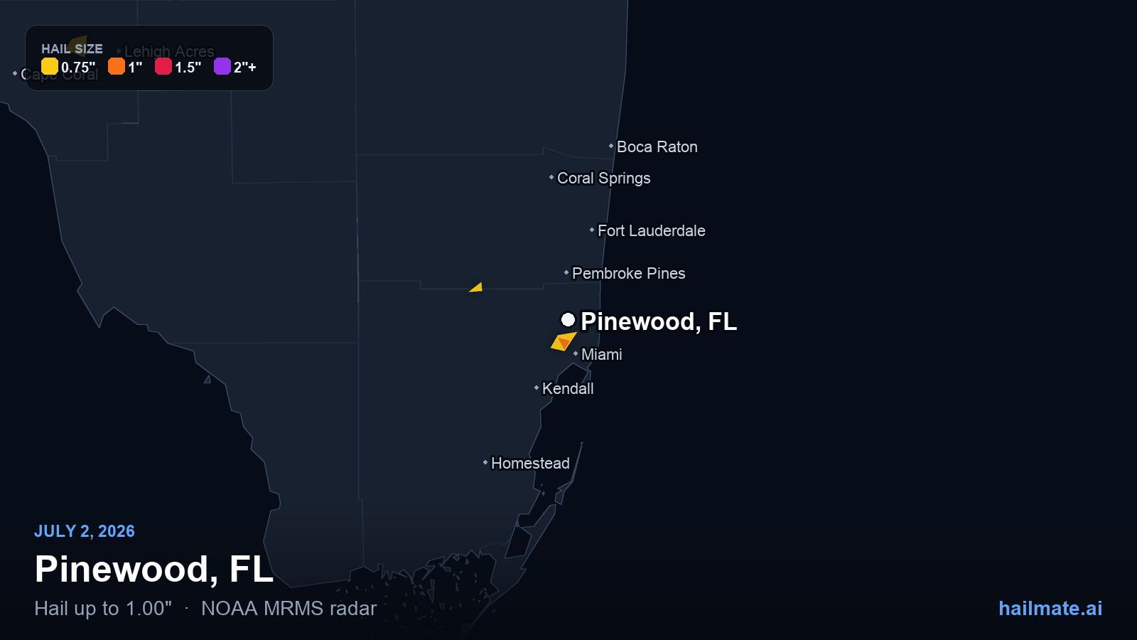 Hail swath map for Pinewood, FL on July 2, 2026 showing 1.00 inch hail.