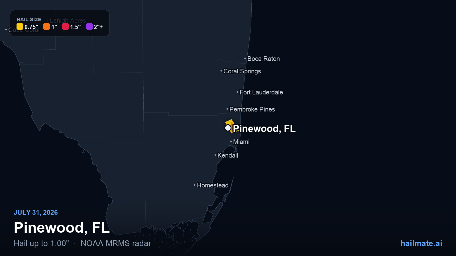 Hail swath map for Pinewood, FL on July 31, 2026 showing 1.00 inch hail.