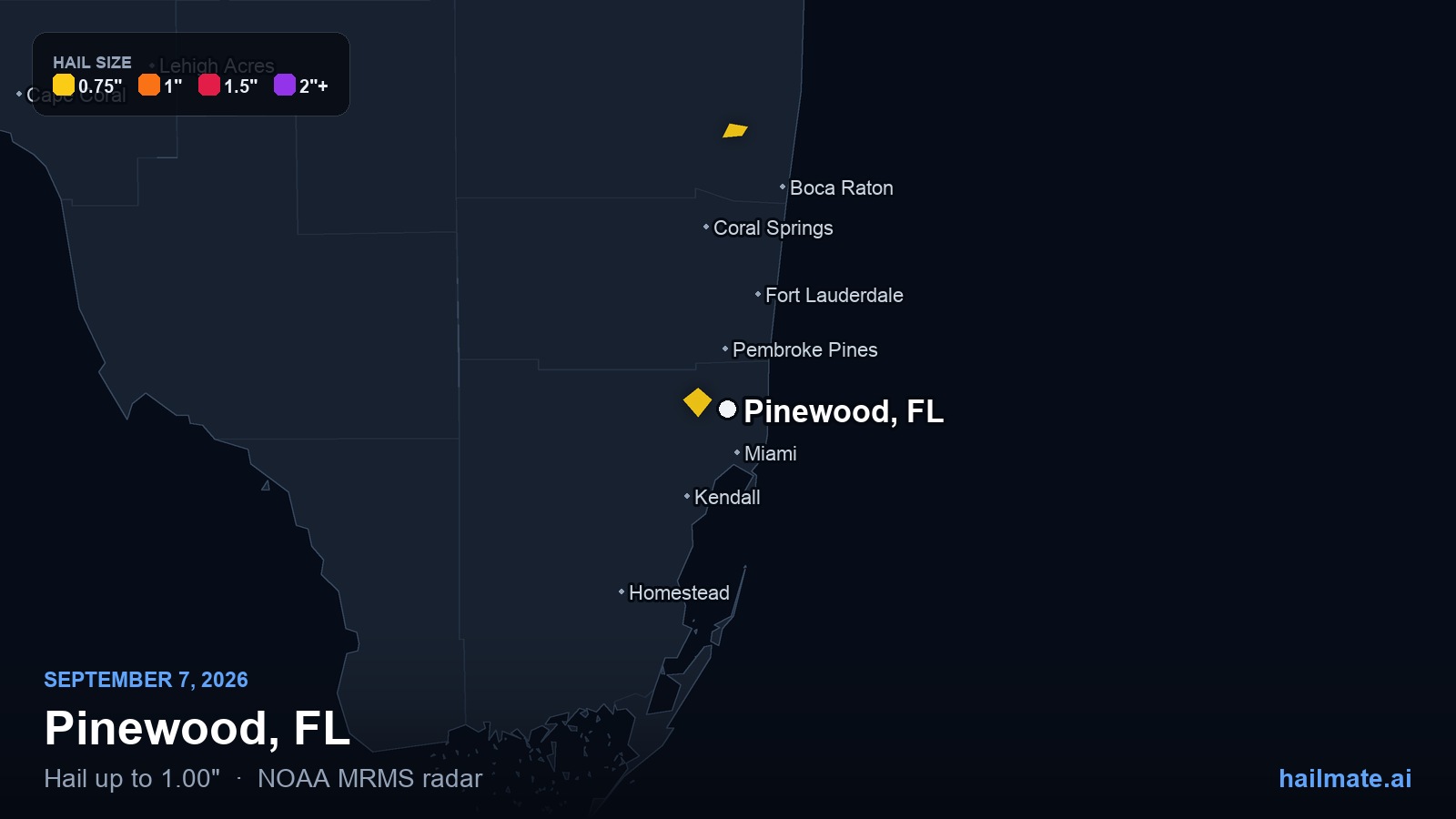 Hail swath map for Pinewood, FL on September 7, 2026 showing 1.00 inch hail.